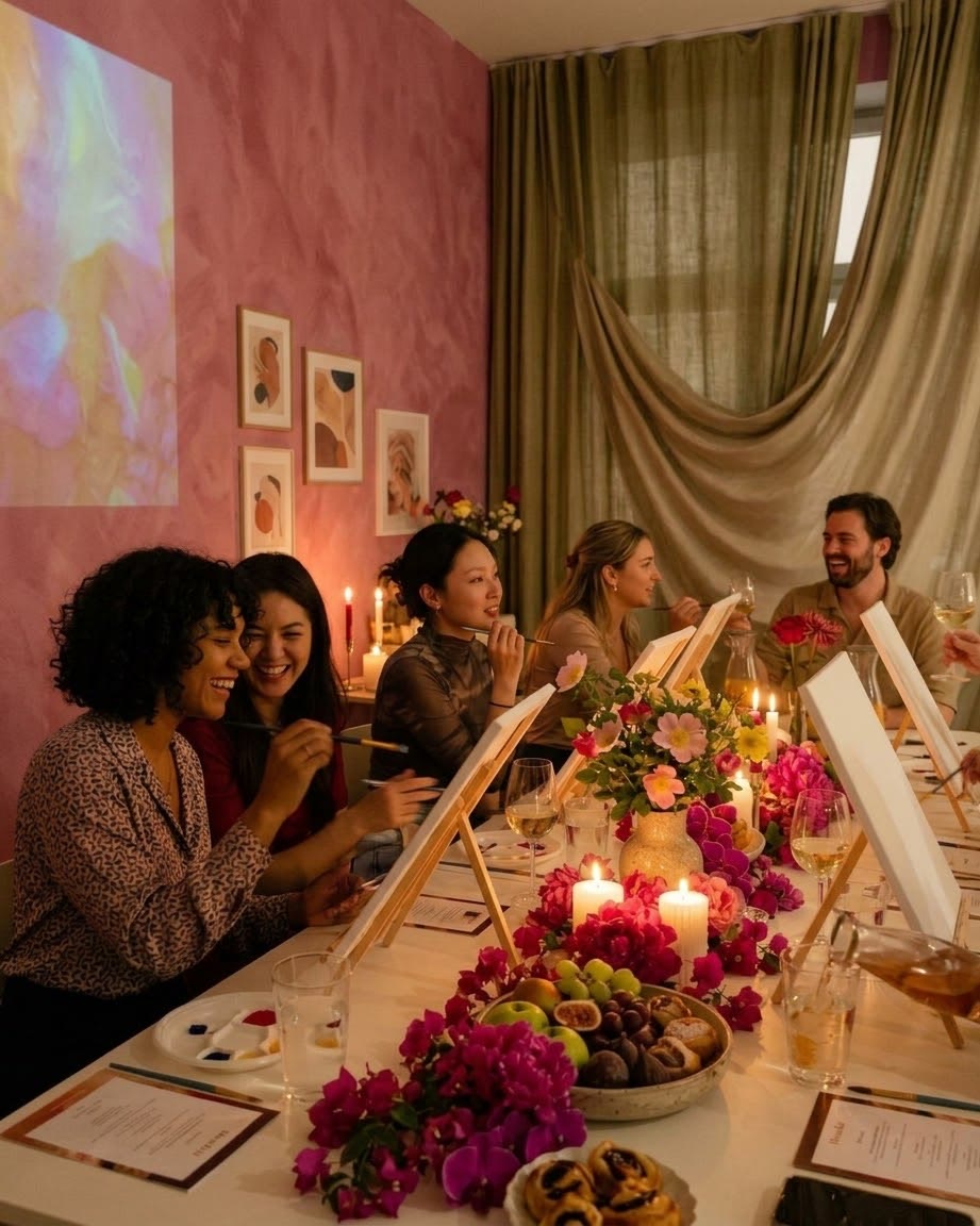 Mesa larga con velas y flores, con mujeres pintando y riendo en un taller de Gloriosas