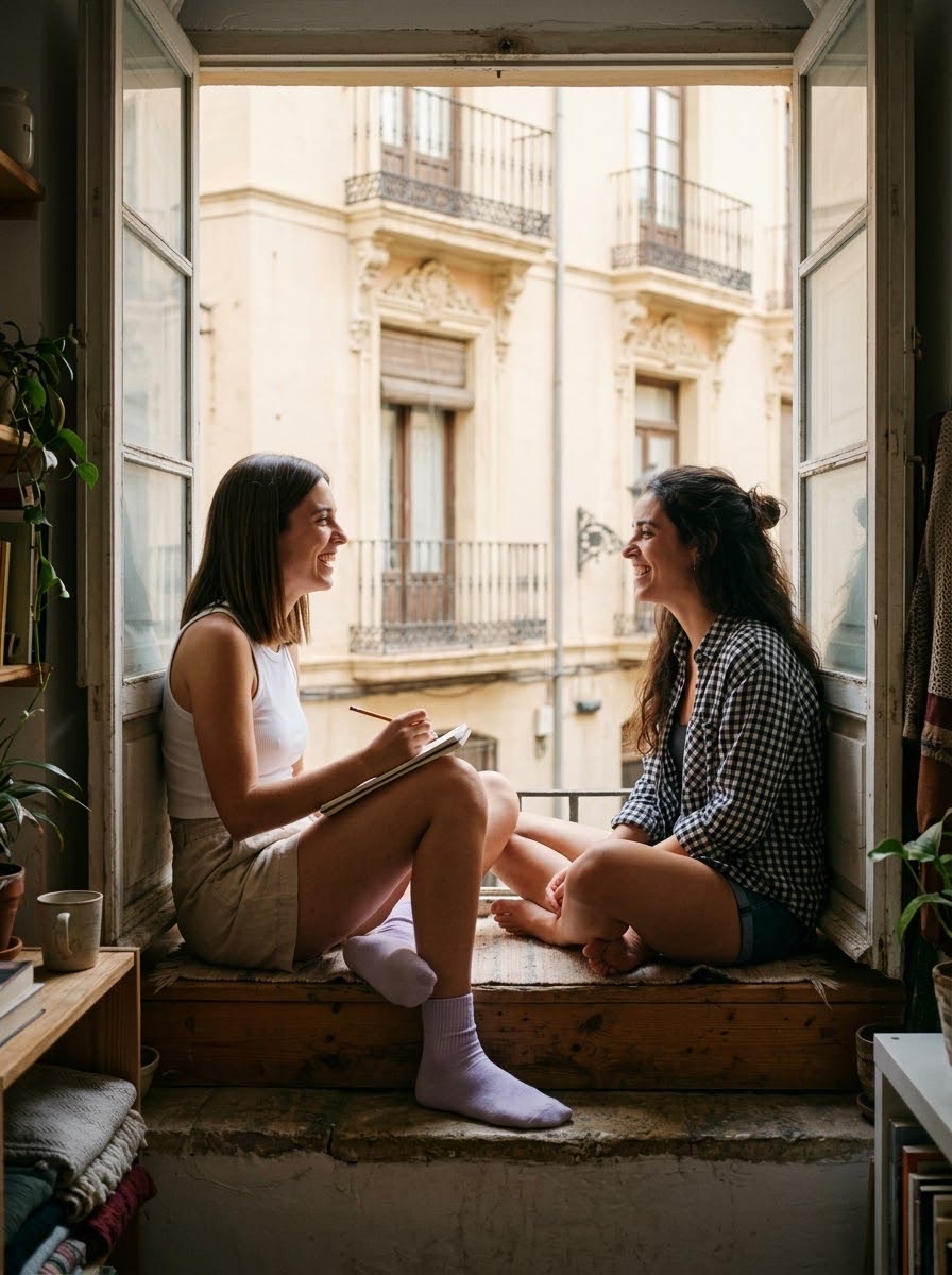 Dos amigas conversando y riendo sentadas en el marco de una ventana abierta