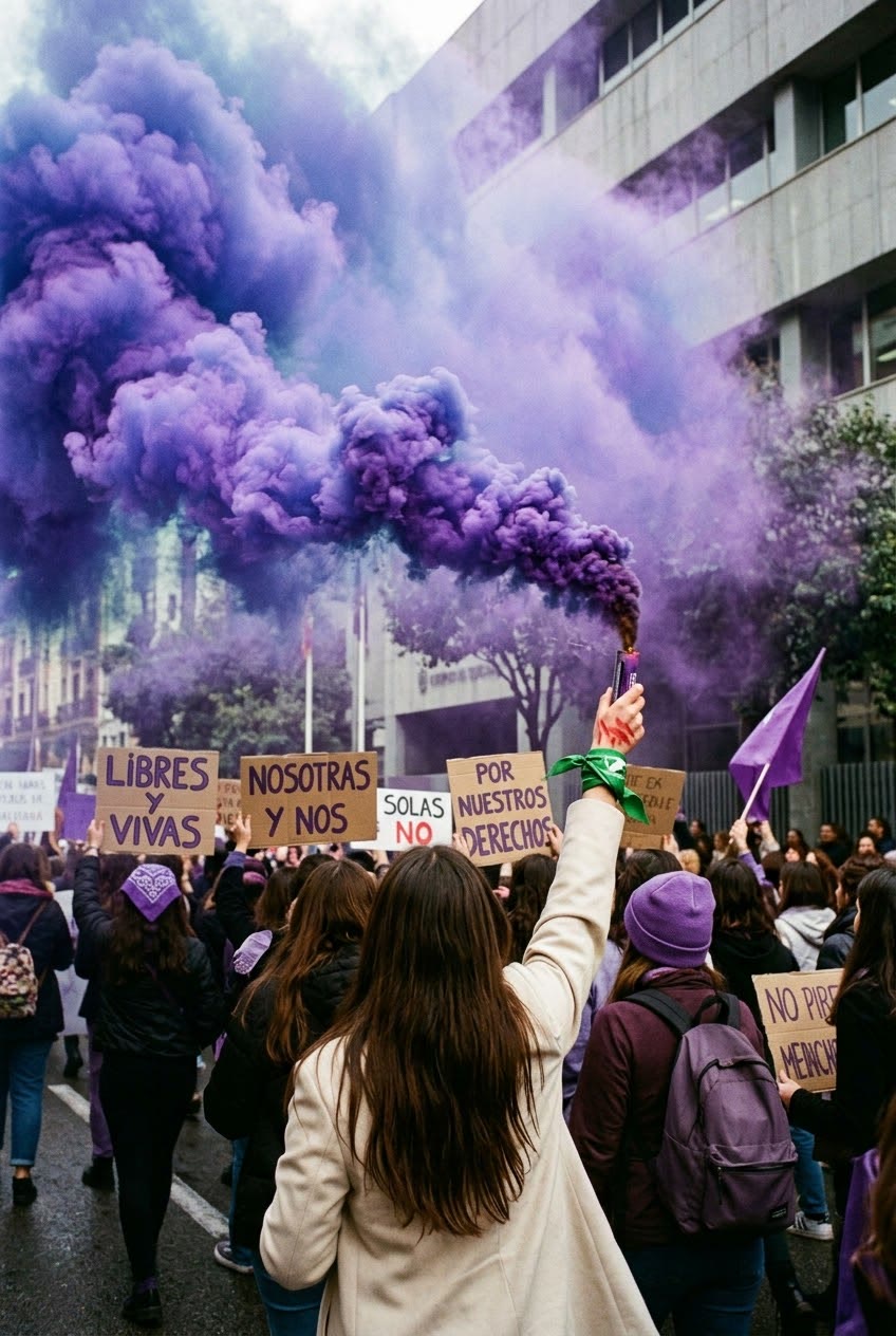 Marcha de mujeres con humo morado y carteles que dicen Libres y vivas y Por nuestros derechos